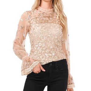 New w/tags Chelsea & Violet Mesh Ruffle Mock Neck Ruffle Lace Cuff Sleeve Sequin